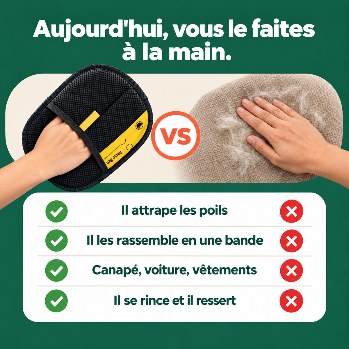 Gant ramasse-poils — les poils du canapé partent dès le premier passage