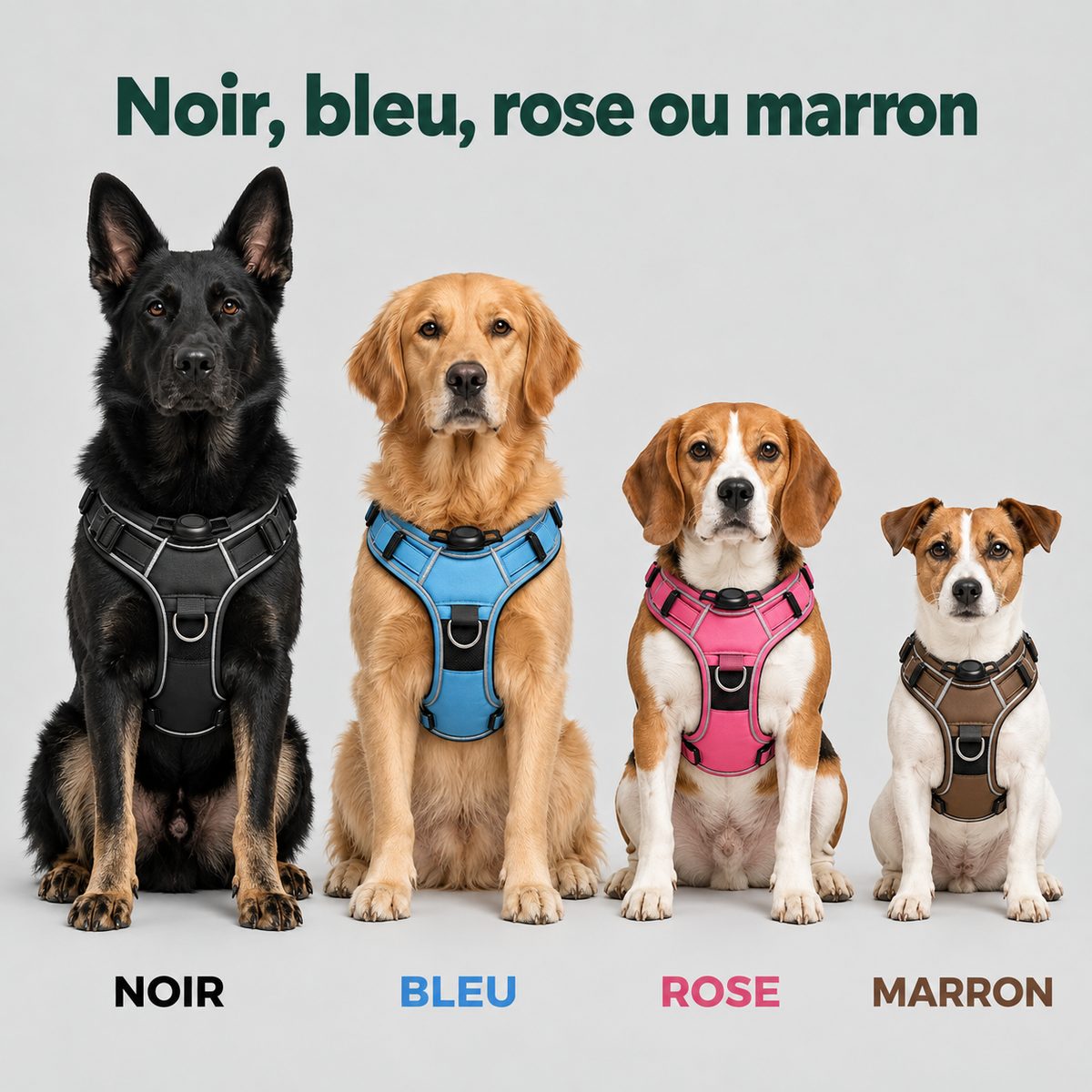 Quatre chiens portant le harnais en noir, bleu, rose et marron